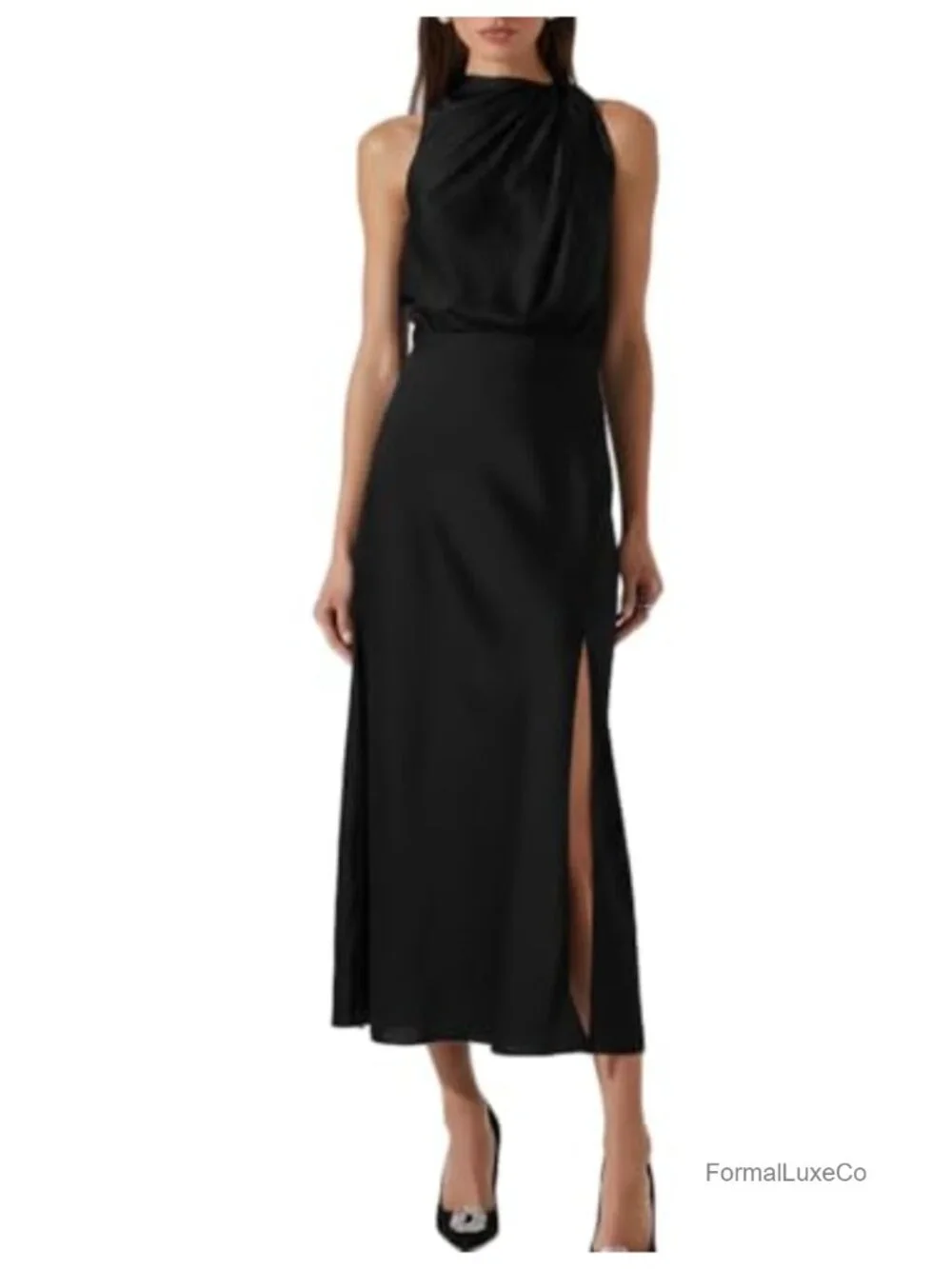Satin High Neck Sleeveless Midi Dress Formal Wedding Guest